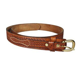 Vintage L.L. Bean Double Strap Leather Belt Basketweave Embossed Brass Buckle